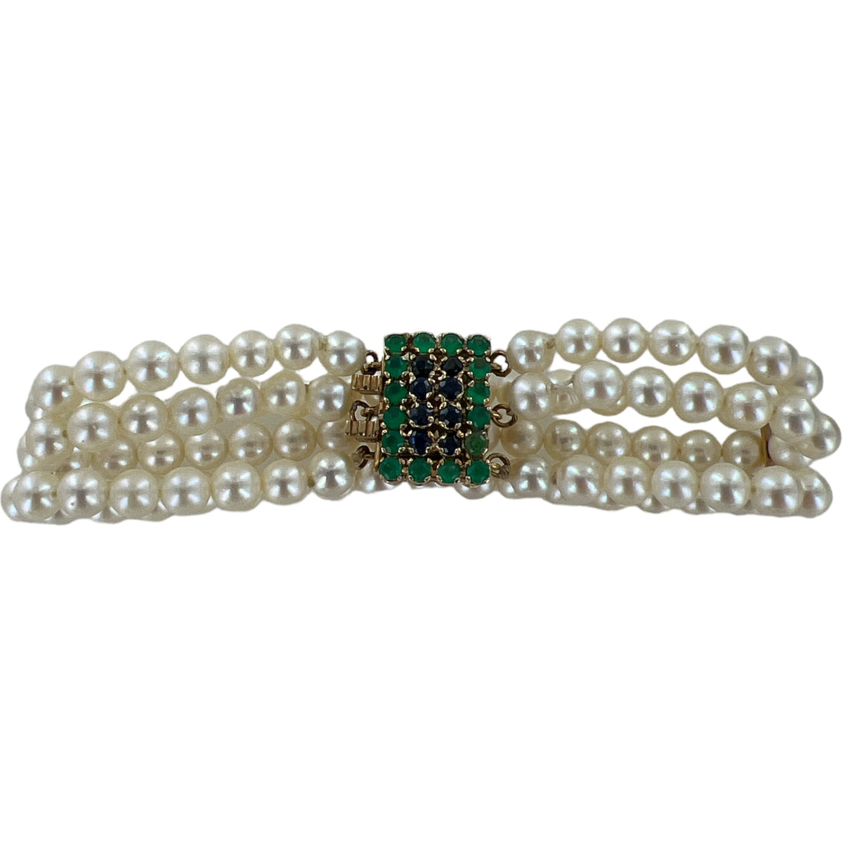 Three Row Cultured Pearl Bracelet Sapphire Emerald 14KYG