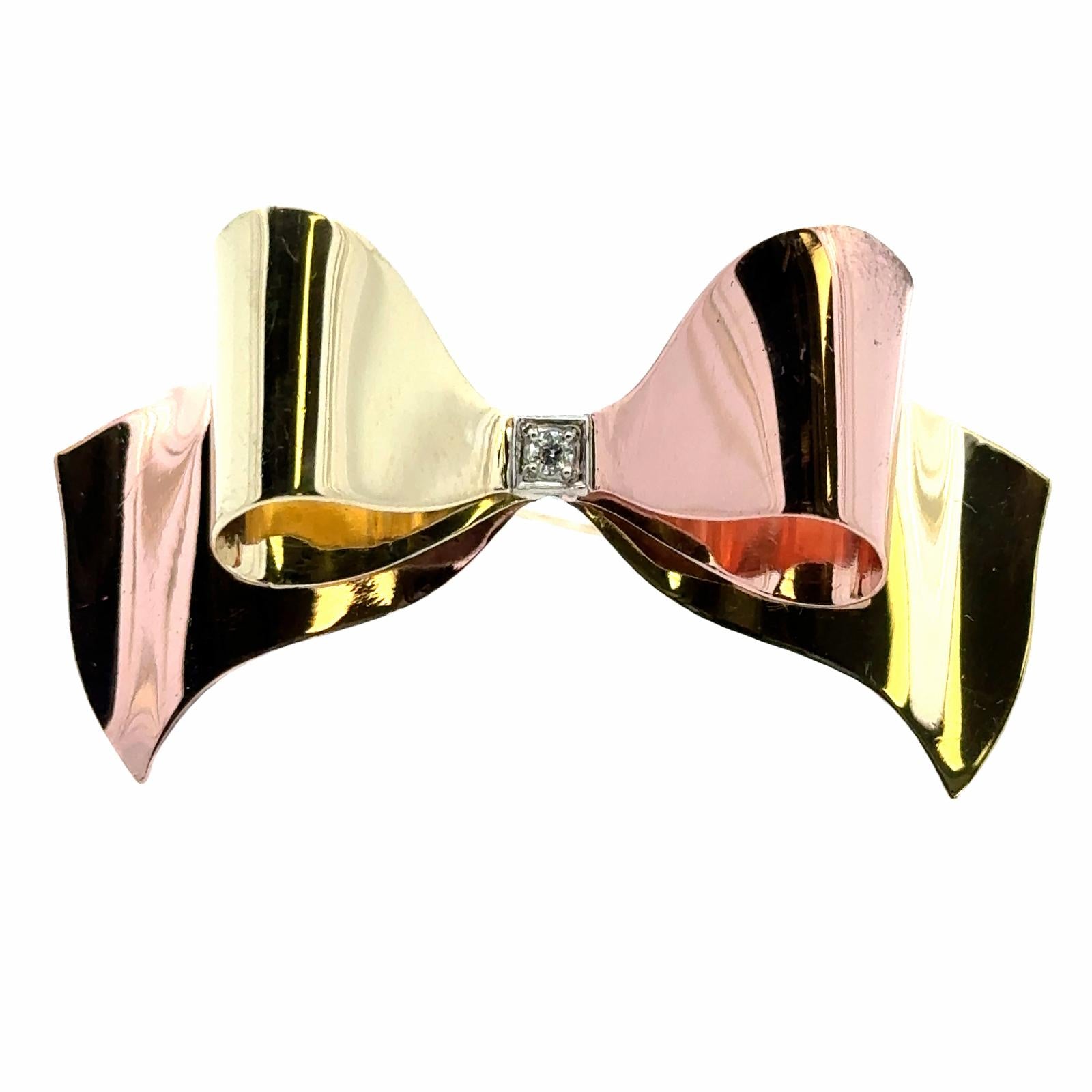 Mid 20th Century Retro  14 Karat Two-Tone Diamond Bow Brooch Pin