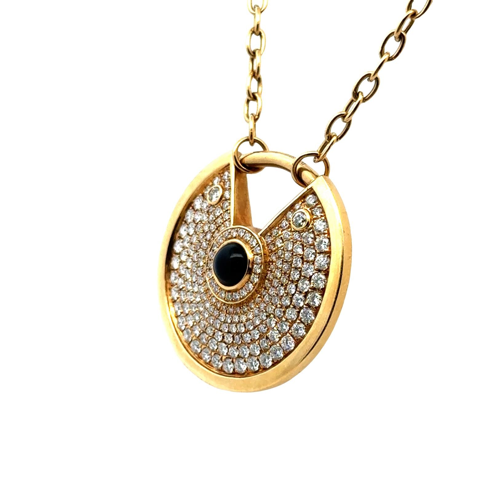 Modern Diamond Cabochon Onyx 18 Karat Yellow Gold Amulette Pendant Necklace