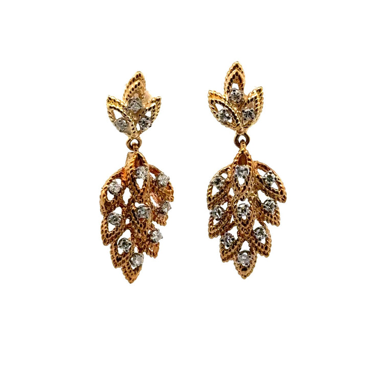 Diamond Textured Leaf 14 Karat Yellow Gold Dangle Earrings