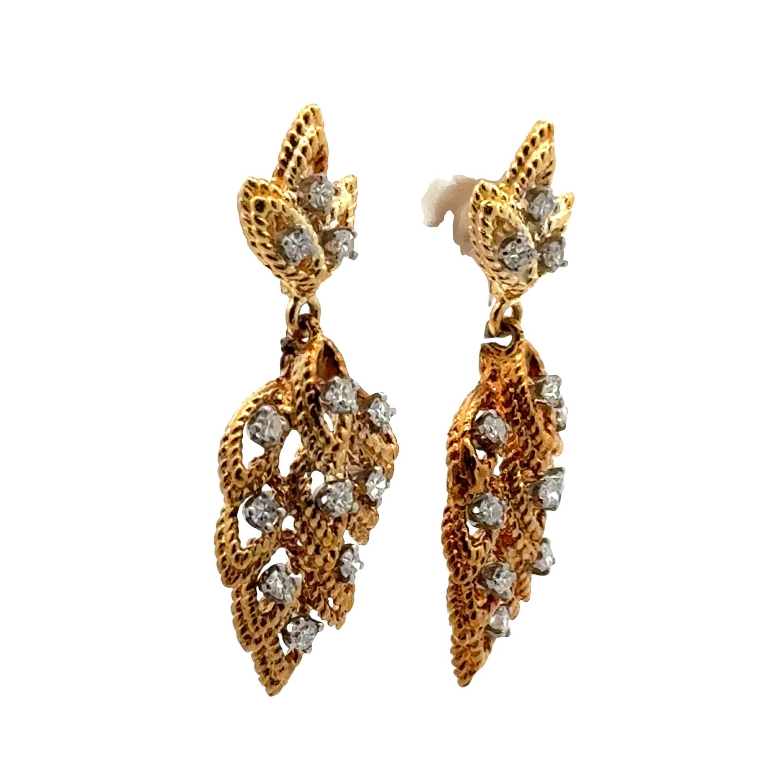 Diamond Textured Leaf 14 Karat Yellow Gold Dangle Earrings