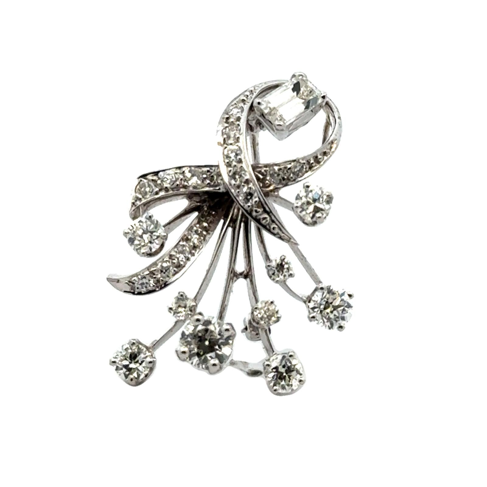 1940's Diamond 14 Karat White Gold Spray Brooch Pendant