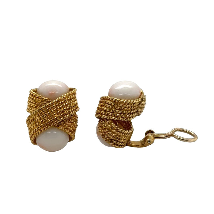 Angel Skin Coral 'X' Design 18 Karat Yellow Gold Rope Ear-Clip Earrings