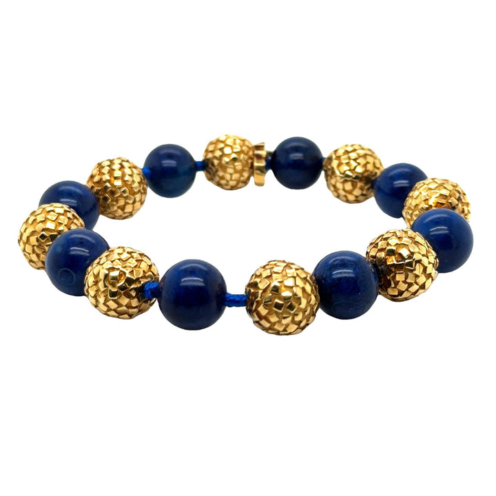 Lapis Lazuli Bead 18 Karat Yellow Textured Gold Ball Bracelet