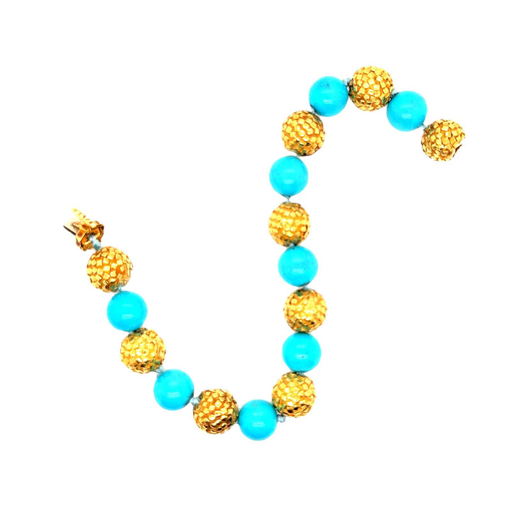 Turquoise Bead 18 Karat Textured Yellow Gold Bead Vintage Bracelet