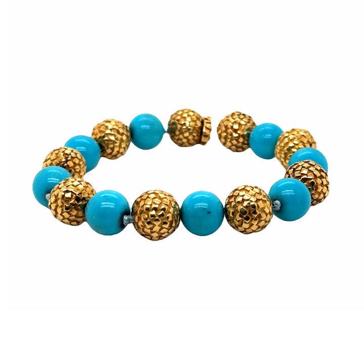 Turquoise Bead 18 Karat Textured Yellow Gold Bead Vintage Bracelet