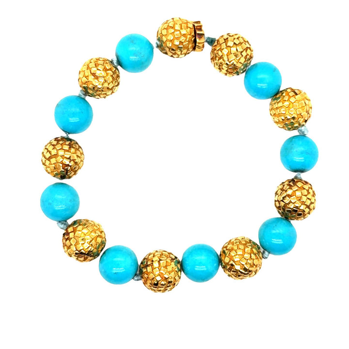 Turquoise Bead 18 Karat Textured Yellow Gold Bead Vintage Bracelet