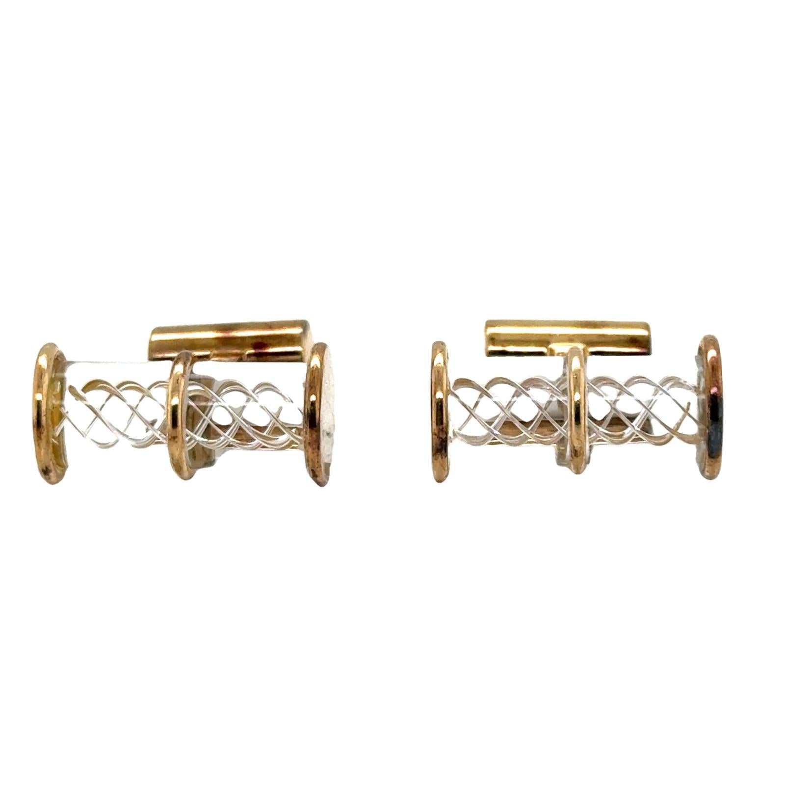 Crystal 14 Karat Yellow Gold Tubular Vintage Cufflinks