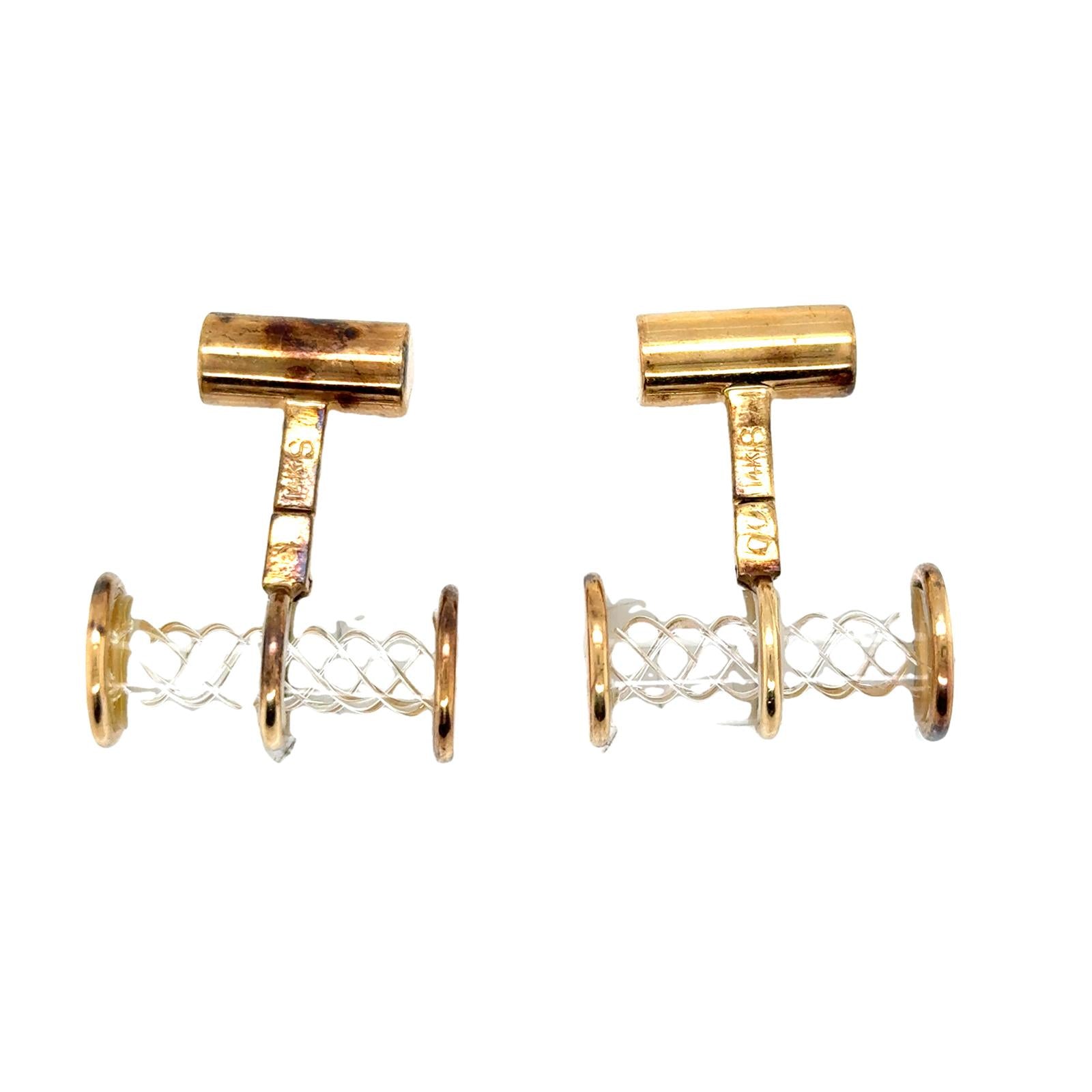 Crystal 14 Karat Yellow Gold Tubular Vintage Cufflinks