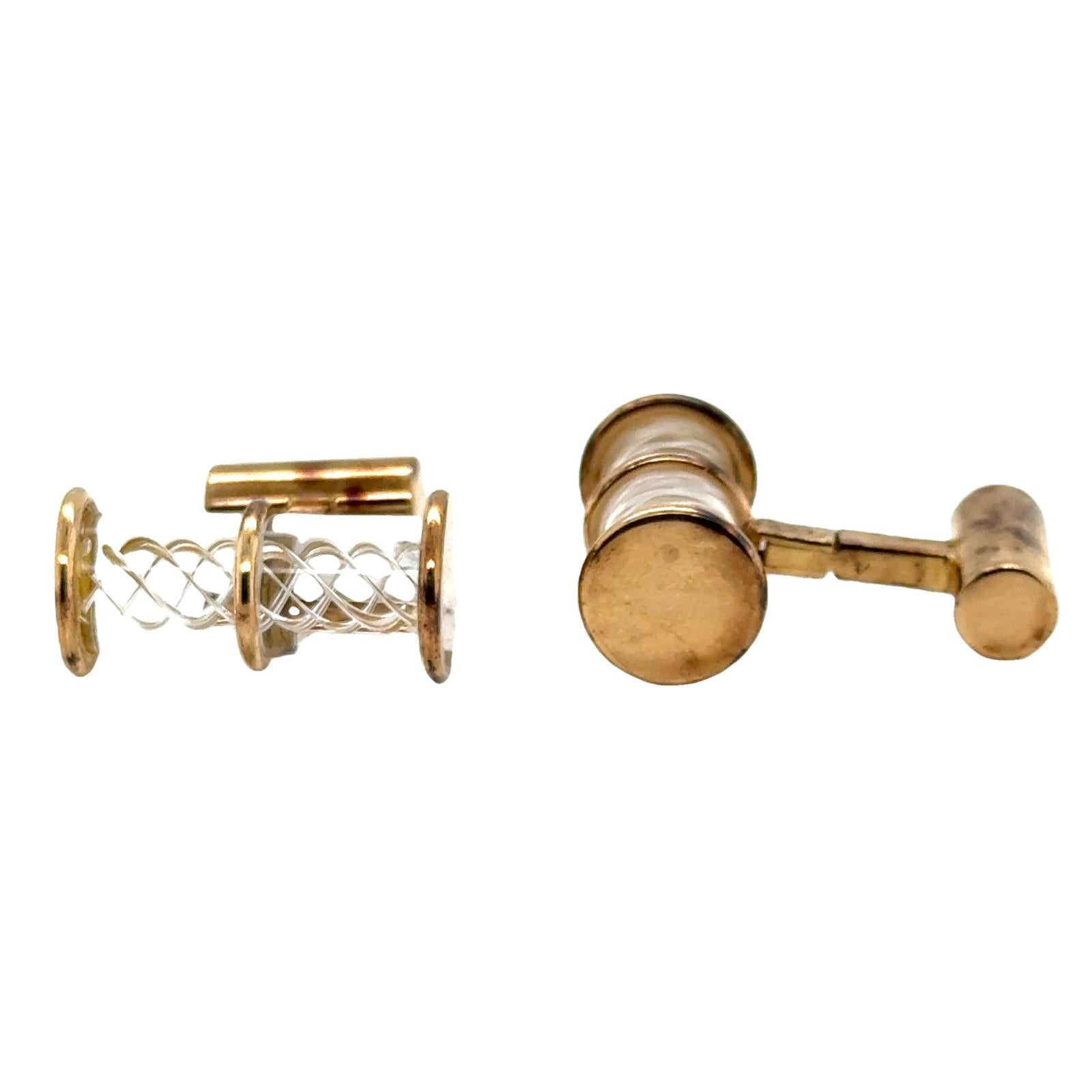 Crystal 14 Karat Yellow Gold Tubular Vintage Cufflinks