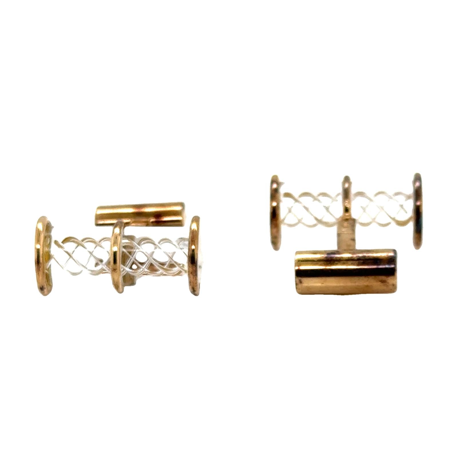 Crystal 14 Karat Yellow Gold Tubular Vintage Cufflinks