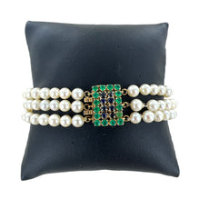 Three Row Cultured Pearl Bracelet Sapphire Emerald 14KYG