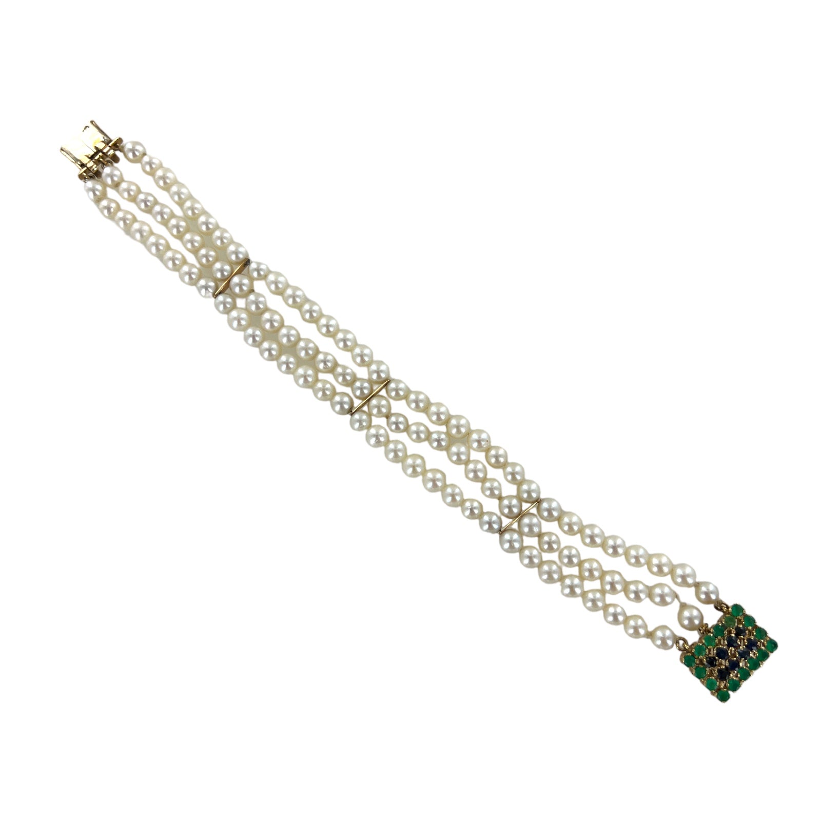 Three Row Cultured Pearl Bracelet Sapphire Emerald 14KYG