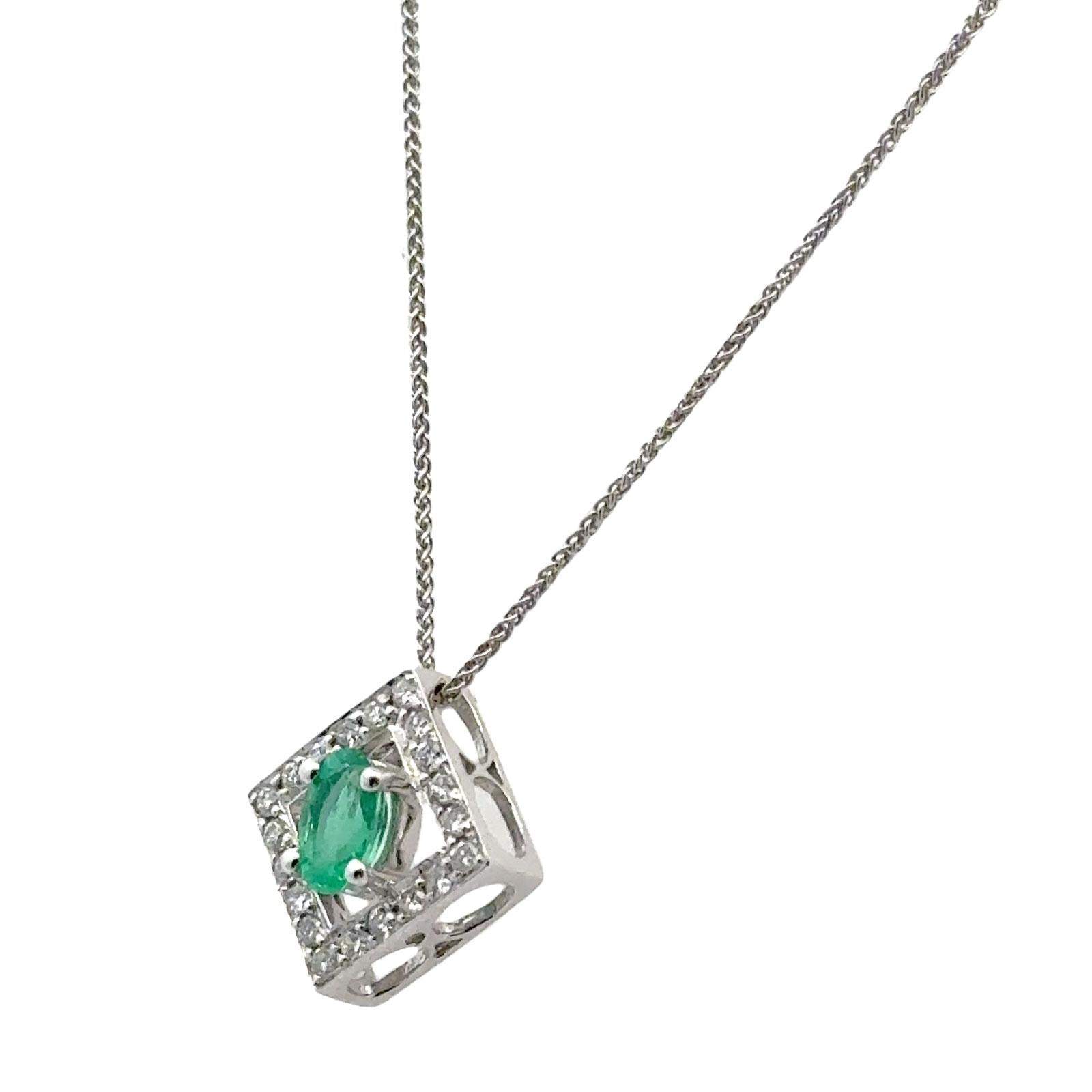 Oval Emerald Diamond 14 Karat White Gold Pendant Necklace