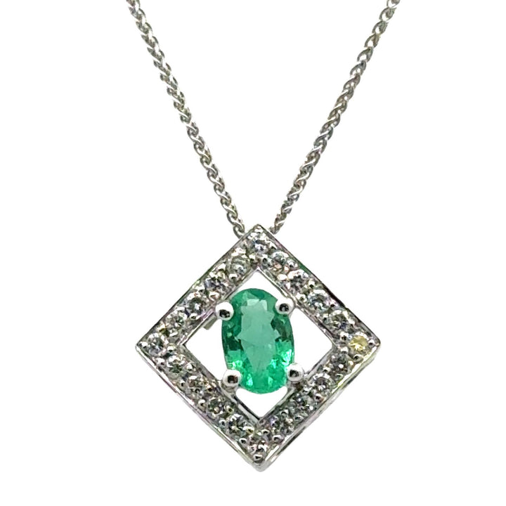 Oval Emerald Diamond 14 Karat White Gold Pendant Necklace