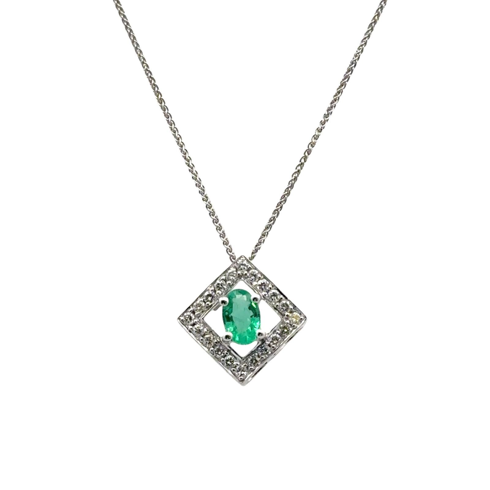 Oval Emerald Diamond 14 Karat White Gold Pendant Necklace