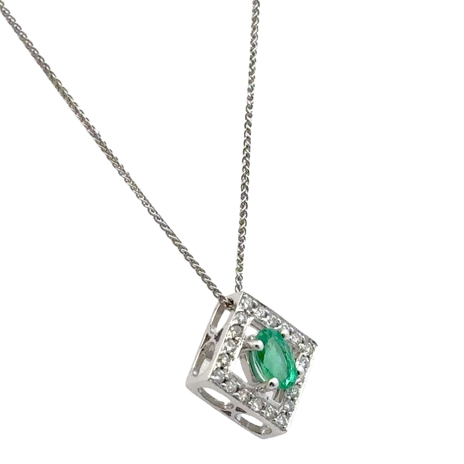 Oval Emerald Diamond 14 Karat White Gold Pendant Necklace