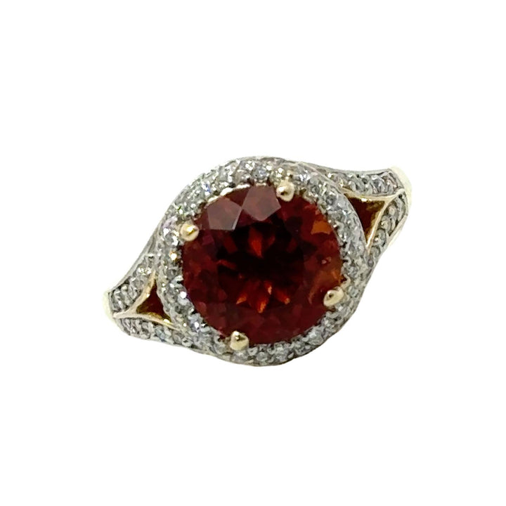 Round Orange Citrine Diamond 14 Karat Yellow Gold Cocktail Ring