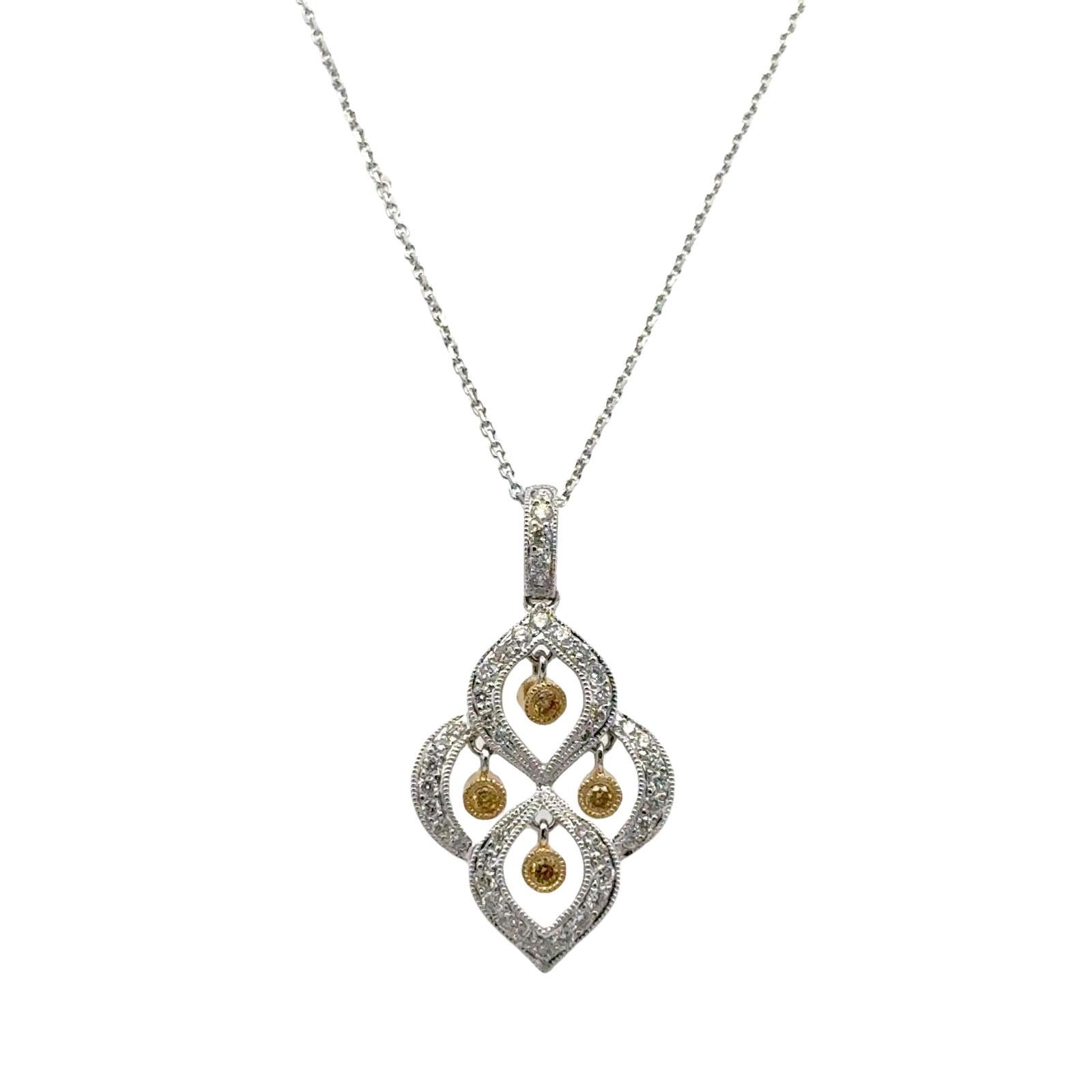 White & Yellow Floating Diamond 18 Karat White Gold Modern Pendant Necklace