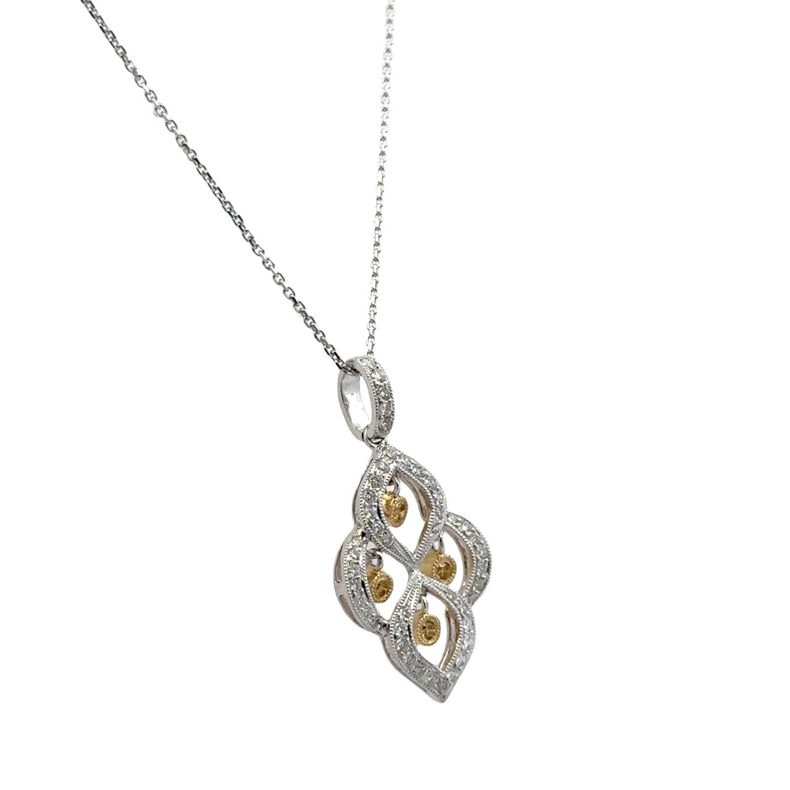 White & Yellow Floating Diamond 18 Karat White Gold Modern Pendant Necklace