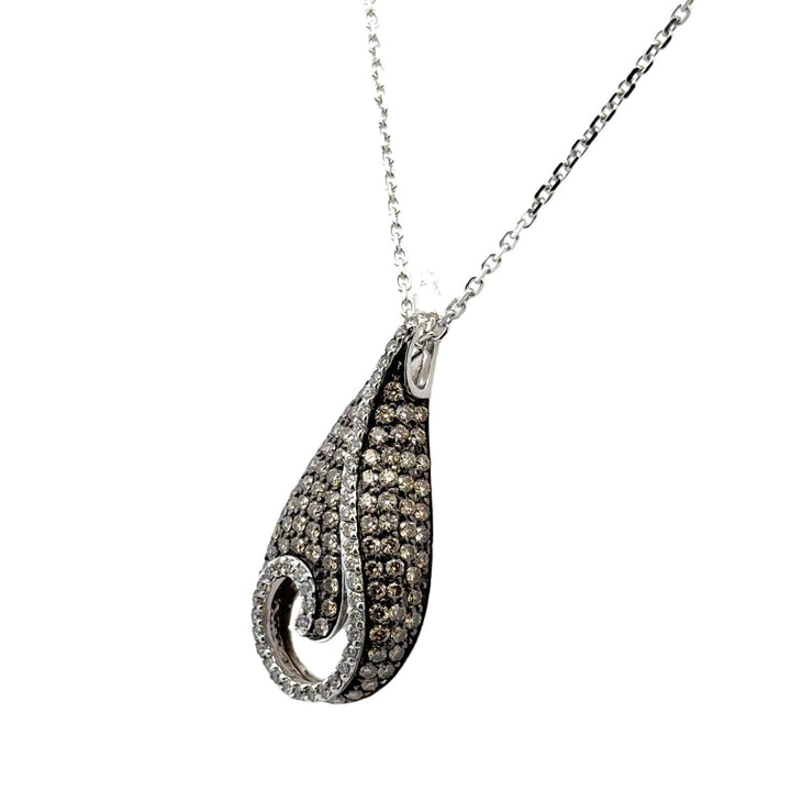 White & Champagne Diamond 14 Karat White Gold Modern Swirl Pendant Necklace