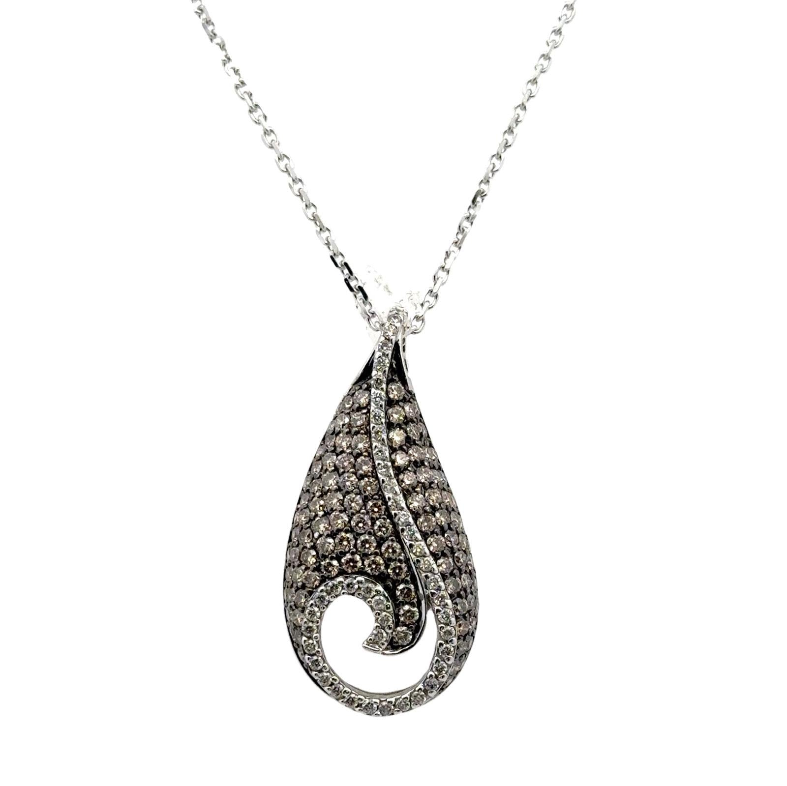 White & Champagne Diamond 14 Karat White Gold Modern Swirl Pendant Necklace