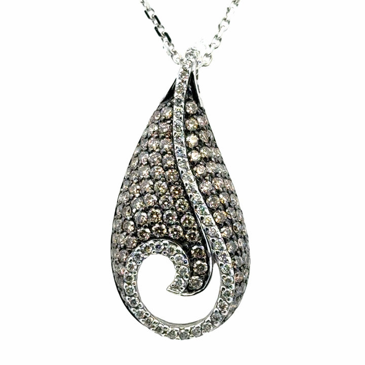 White & Champagne Diamond 14 Karat White Gold Modern Swirl Pendant Necklace