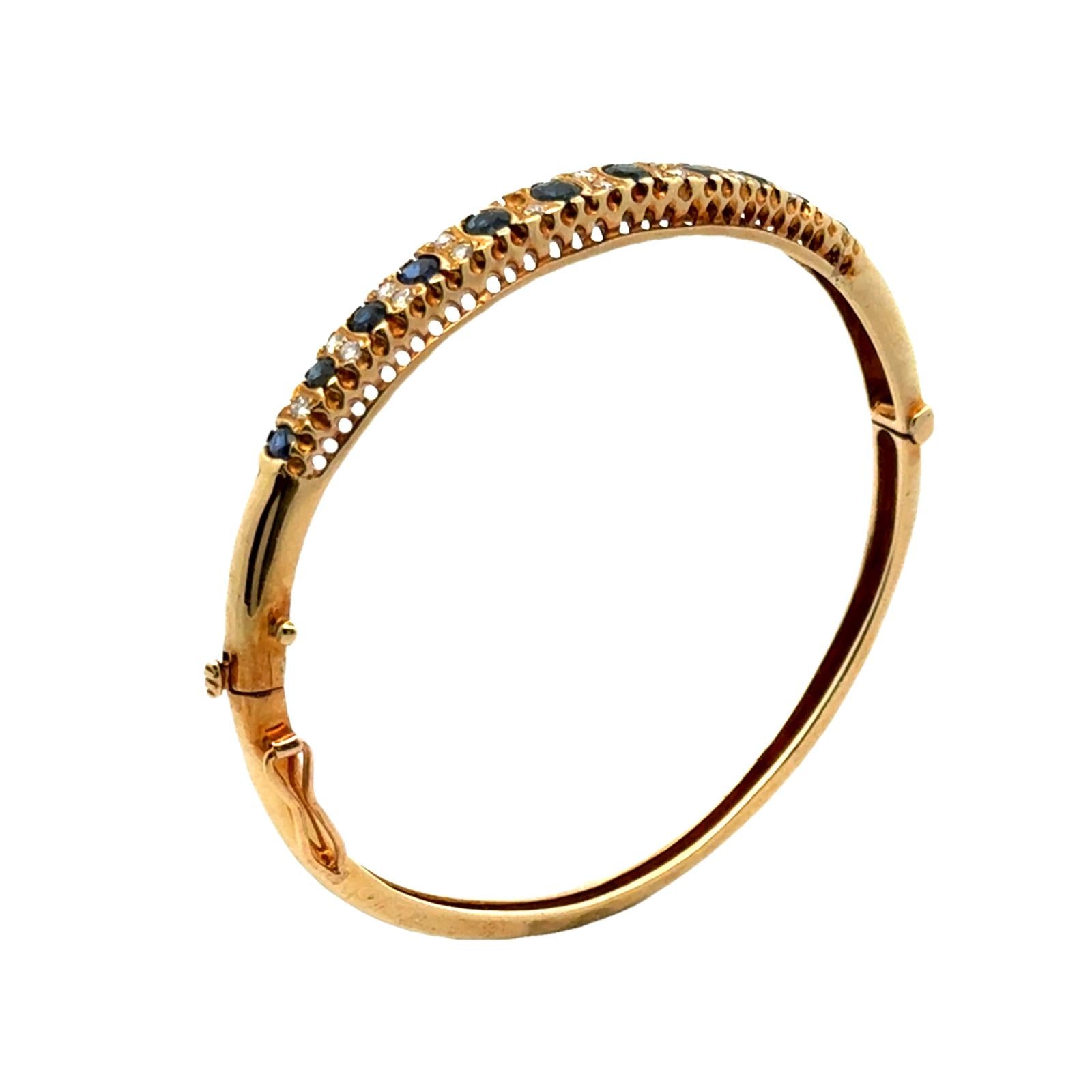 Diamond Sapphire 14 Karat Yellow Gold Hinged Bangle Bracelet