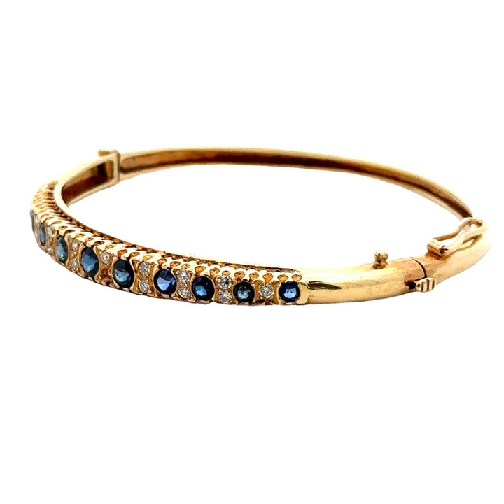 Diamond Sapphire 14 Karat Yellow Gold Hinged Bangle Bracelet