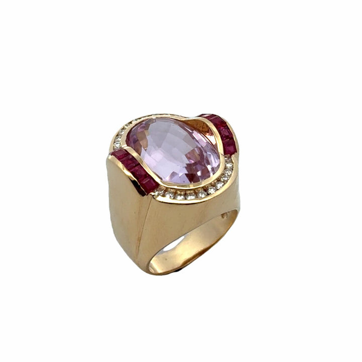 Oval Amethyst Garnet Diamond 14 Karat Yellow Gold Cocktail Ring