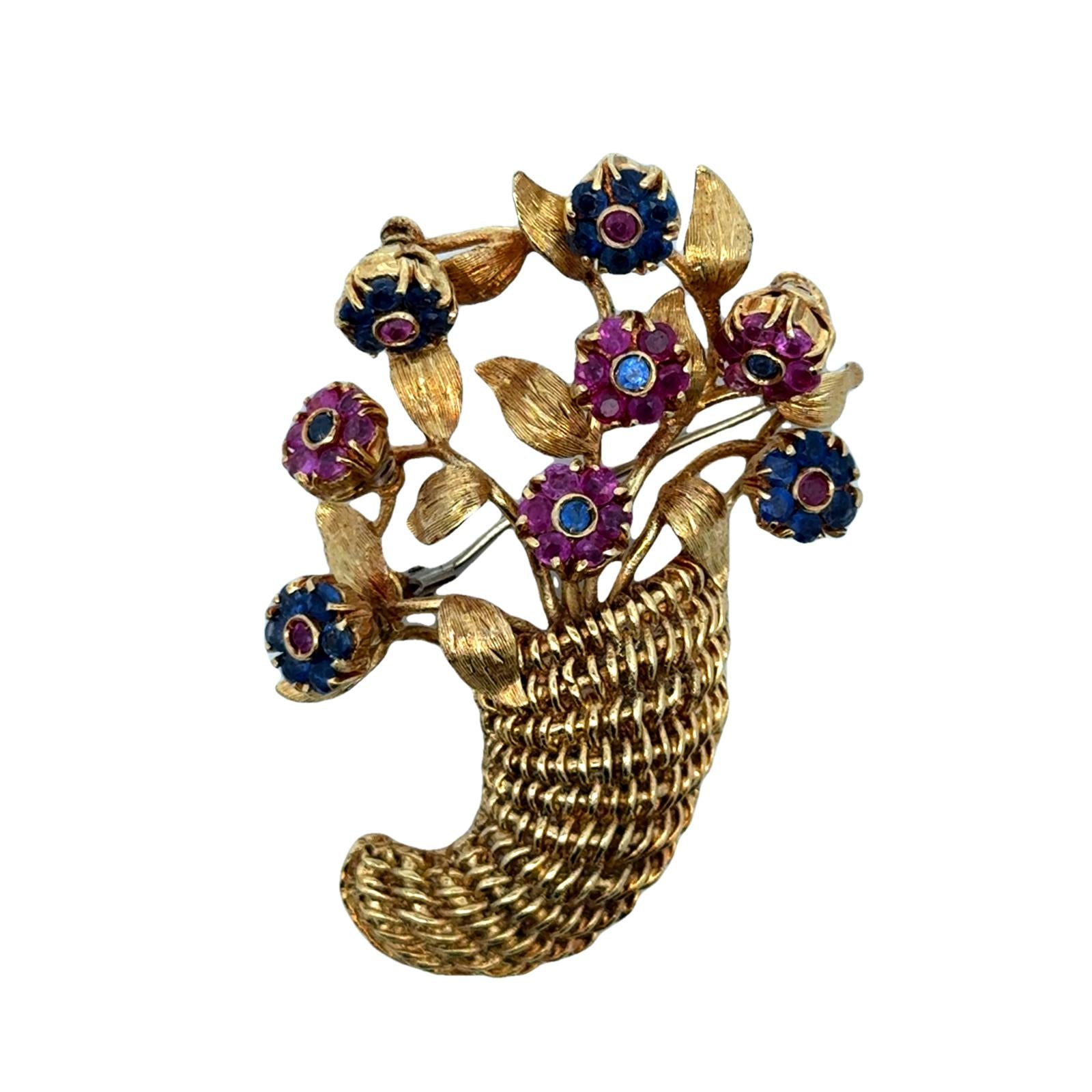 Italian Tremblant Sapphire Ruby 18K Yellow Gold Floral Basket Brooch