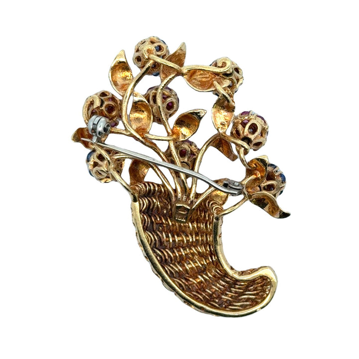 Italian Tremblant Sapphire Ruby 18K Yellow Gold Floral Basket Brooch