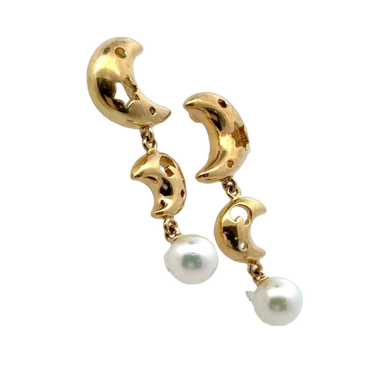 Mikimoto Moon & Star Pearl Drop 18 Karat Yellow Gold Dangle Earrings