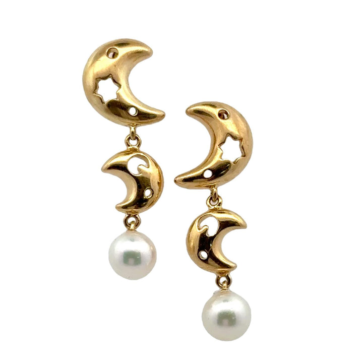 Mikimoto Moon & Star Pearl Drop 18 Karat Yellow Gold Dangle Earrings