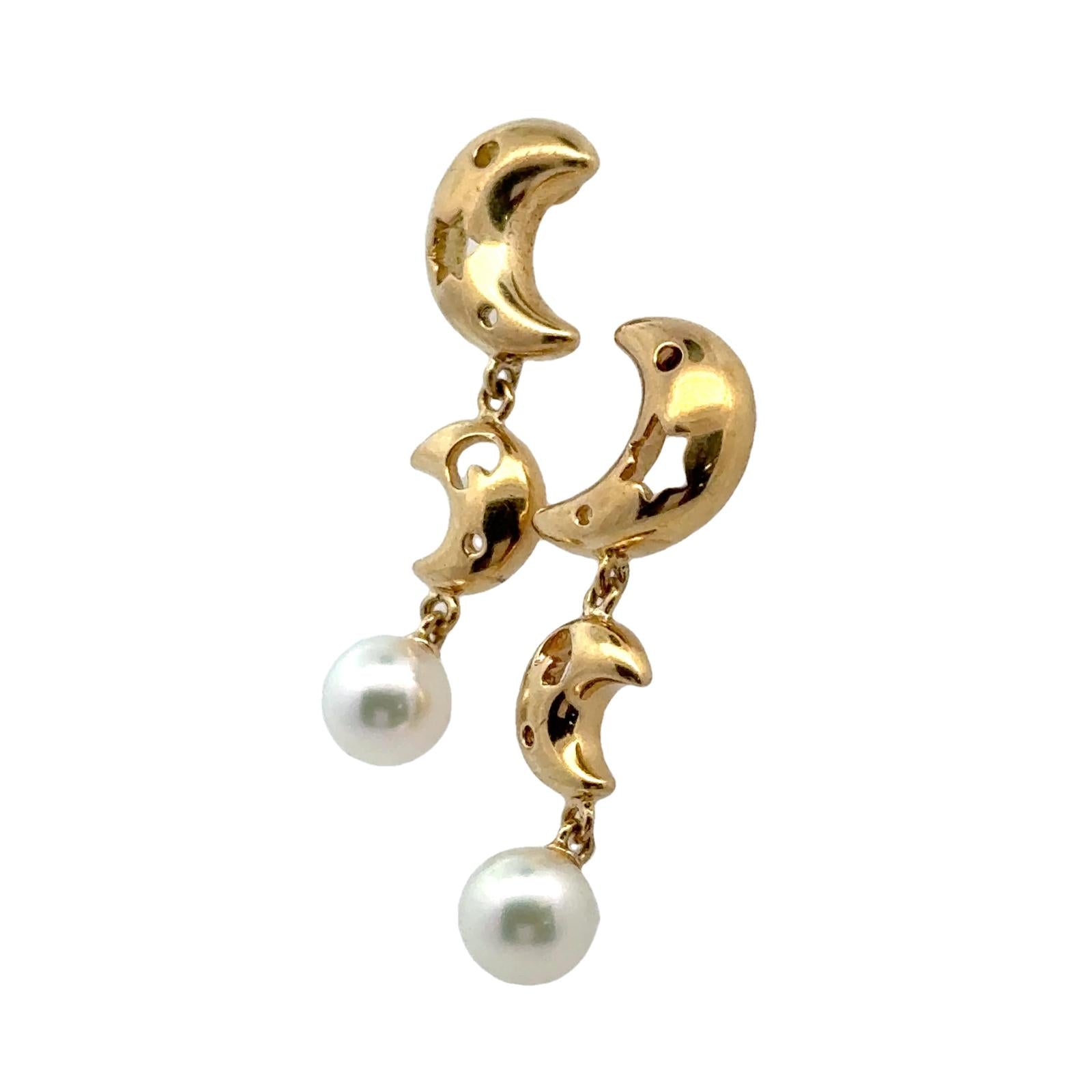 Mikimoto Moon & Star Pearl Drop 18 Karat Yellow Gold Dangle Earrings