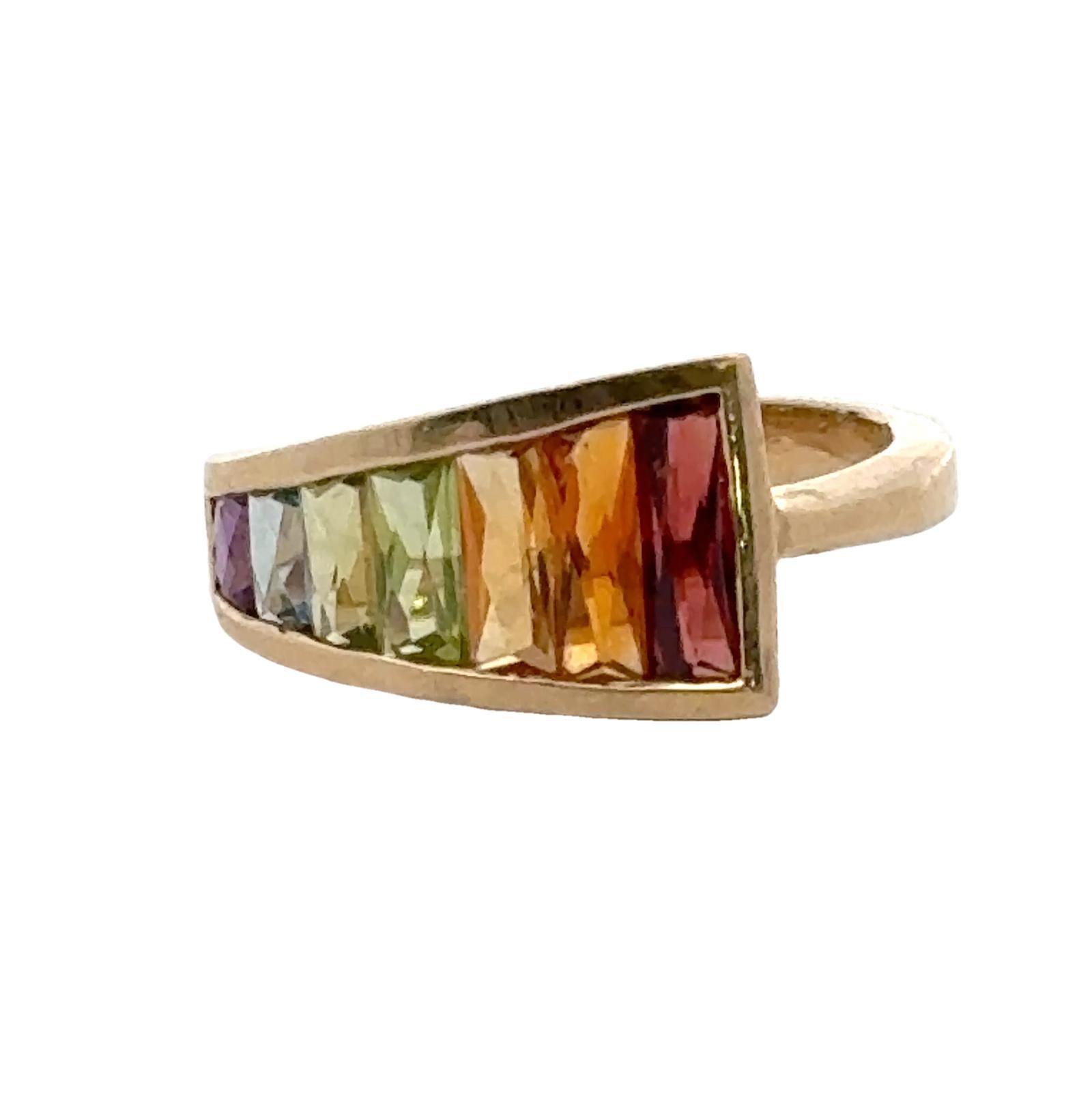 Amethyst Topaz Peridot Garnet Gemstone 14KYG Tapered Rainbow Ring