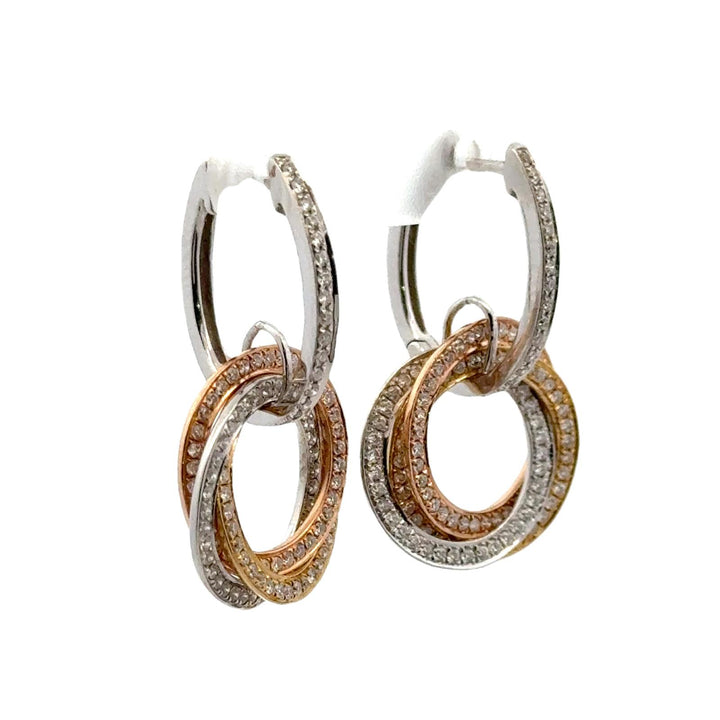 Diamond 18 Karat Tri-Color Gold Trinity Style Dangle Drop Earrings