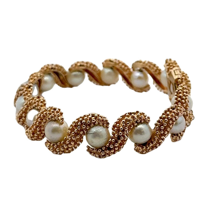 Textured 14 Karat Yellow Gold Cultured White Pearl Vintage Link Bracelet