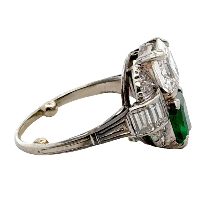 1950's Asscher Cut Diamond Emerald Platinum Vintage Cocktail Ring