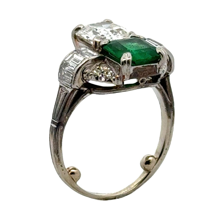 1950's Asscher Cut Diamond Emerald Platinum Vintage Cocktail Ring