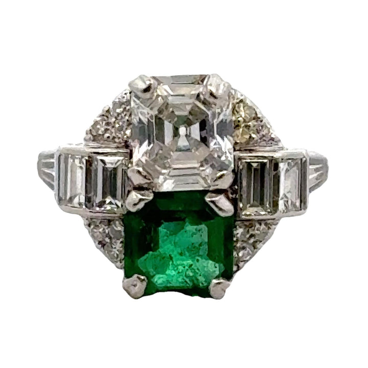 1950's Asscher Cut Diamond Emerald Platinum Vintage Cocktail Ring