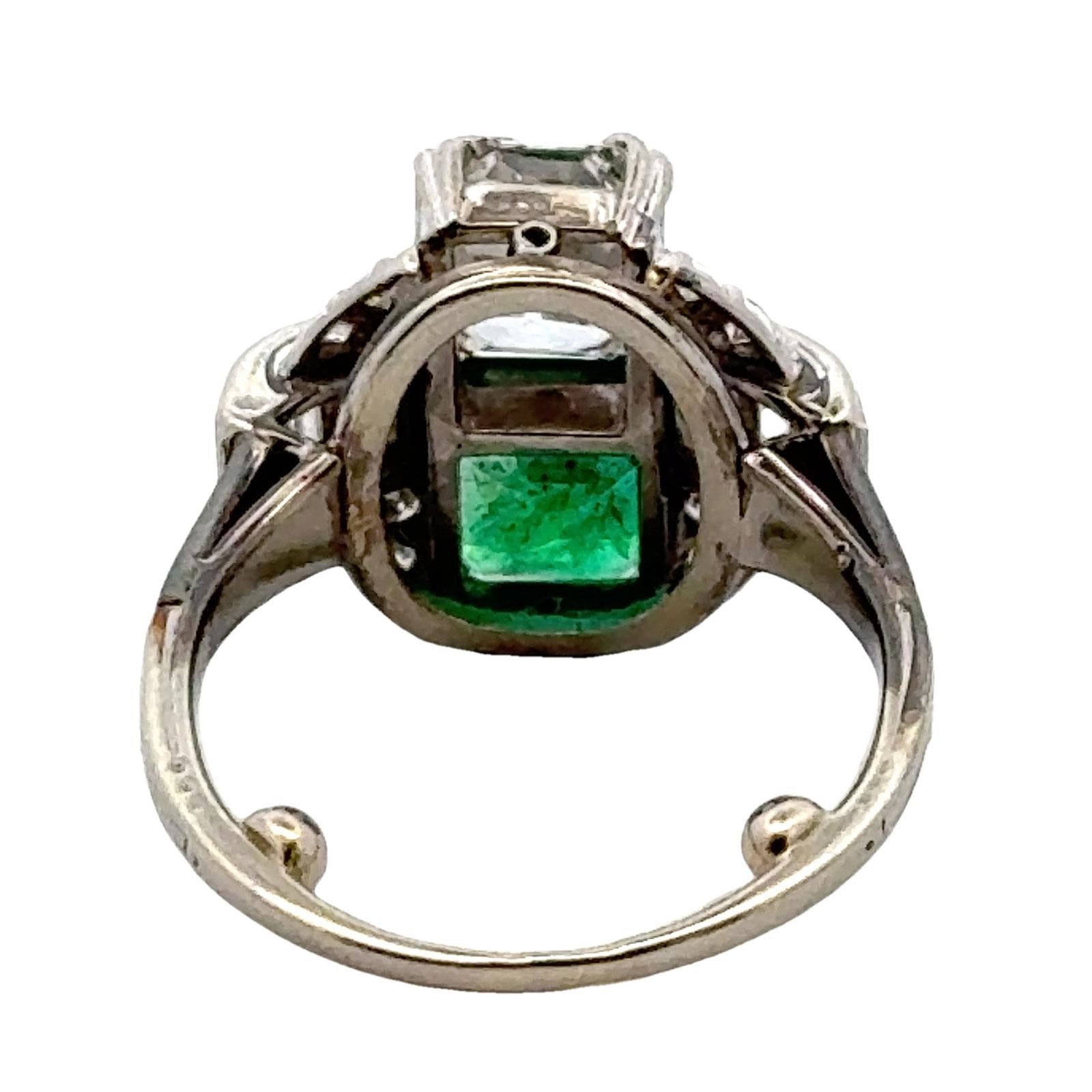 1950's Asscher Cut Diamond Emerald Platinum Vintage Cocktail Ring