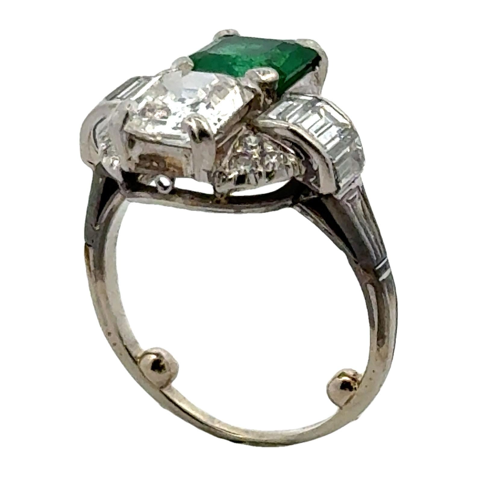 1950's Asscher Cut Diamond Emerald Platinum Vintage Cocktail Ring