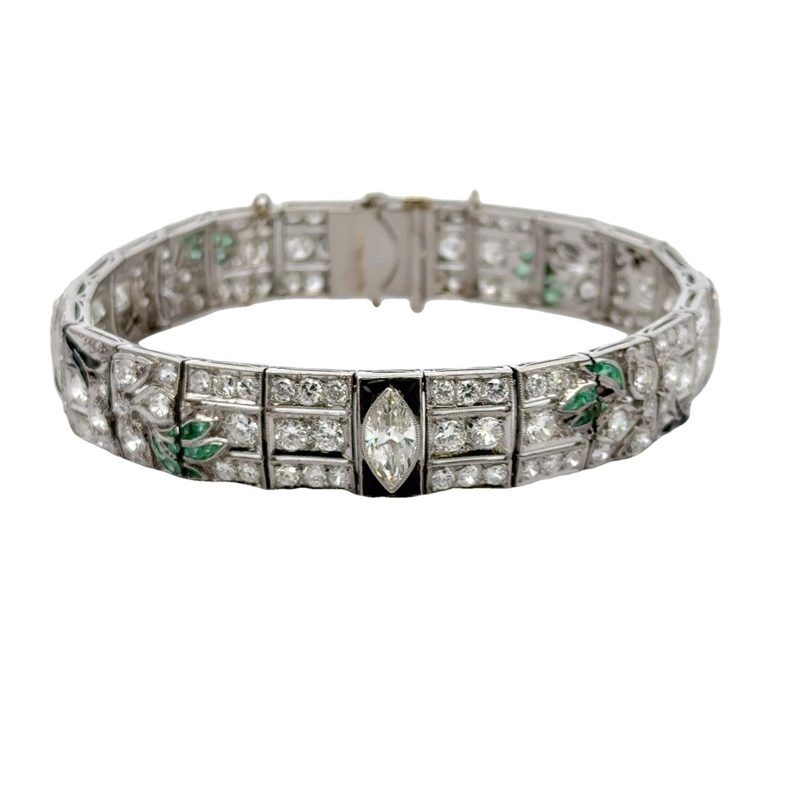 Art Deco Diamond Onyx Emerald Platinum Line Bracelet Early 20th Century