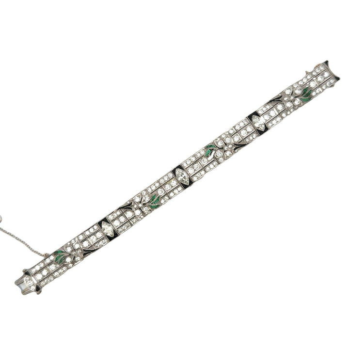 Art Deco Diamond Onyx Emerald Platinum Line Bracelet Early 20th Century