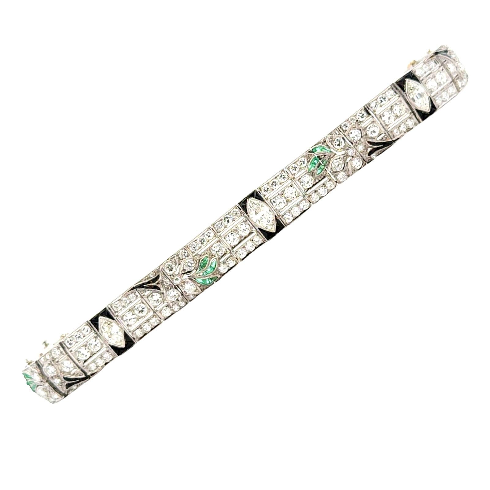 Art Deco Diamond Onyx Emerald Platinum Line Bracelet Early 20th Century