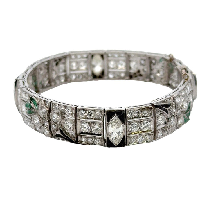 Art Deco Diamond Onyx Emerald Platinum Line Bracelet Early 20th Century