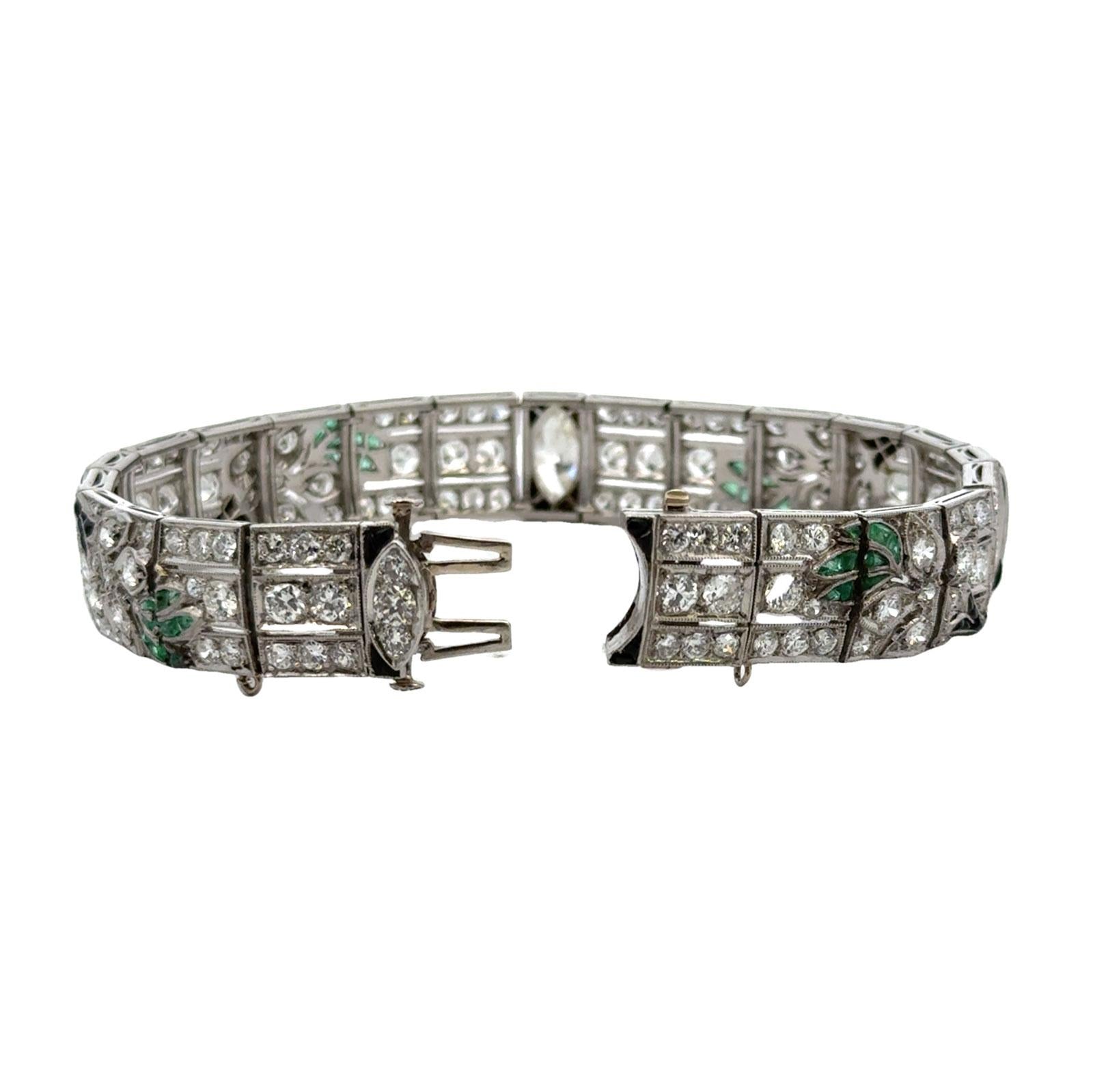 Art Deco Diamond Onyx Emerald Platinum Line Bracelet Early 20th Century