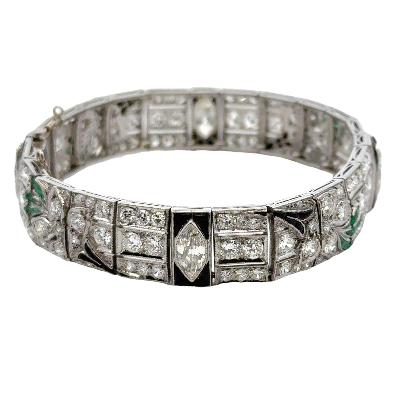 Art Deco Diamond Onyx Emerald Platinum Line Bracelet Early 20th Century