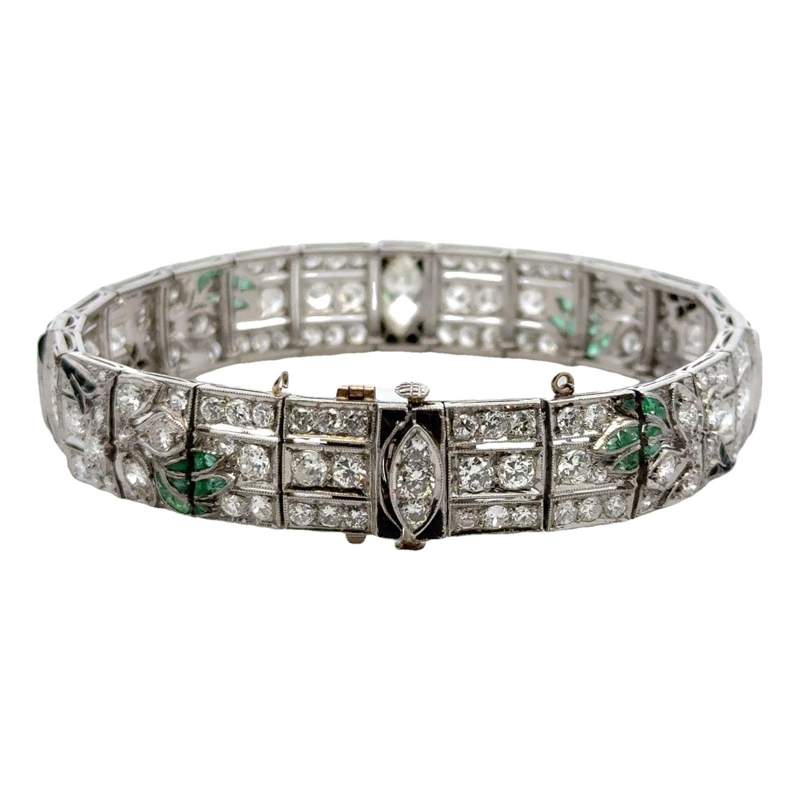 Art Deco Diamond Onyx Emerald Platinum Line Bracelet Early 20th Century